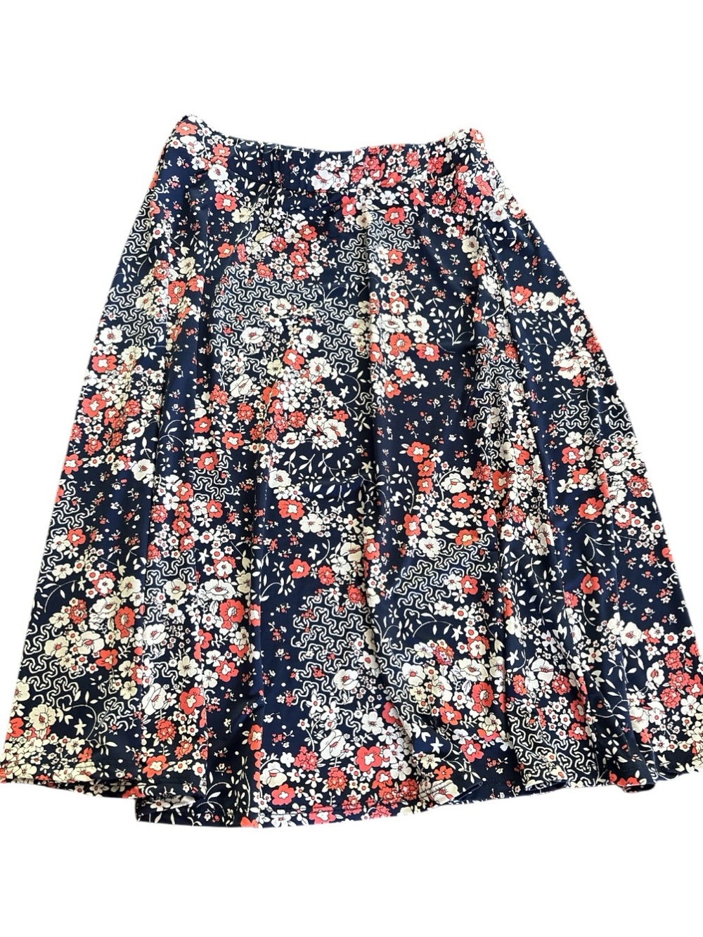 GILLI skirt, jersey knit,dark blue and florals, sz XS  elastic waist, gathers
